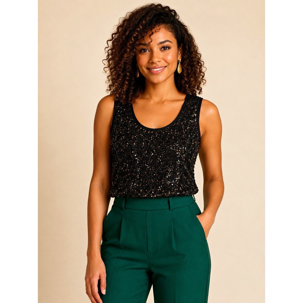89th & Madison Black/Gold Sequin Sleeveless Scoop Neck Tank Top Party L